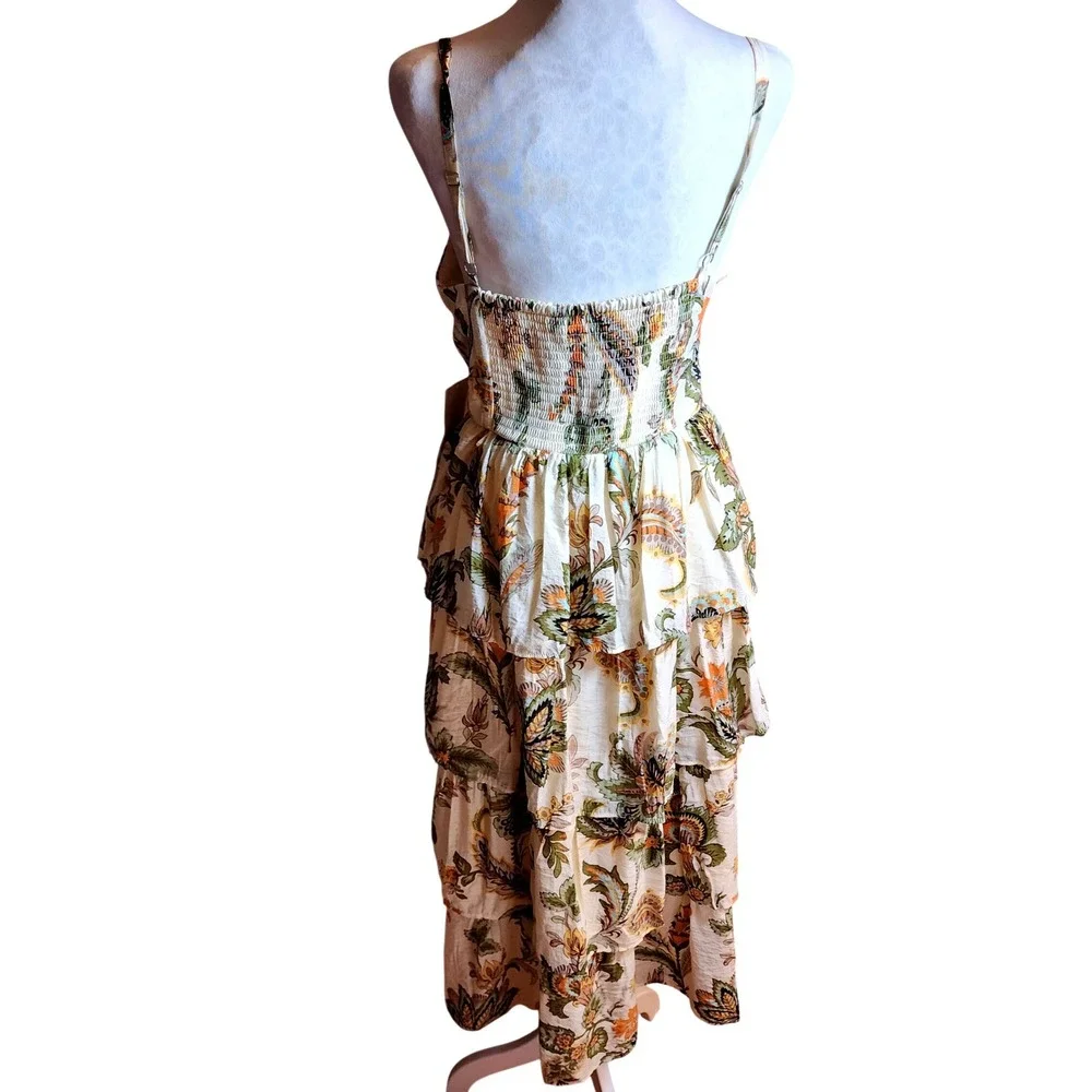 MSK Womens Floral Paisley Tiered Midi Dress Orange Green Smocked Back Large NWT